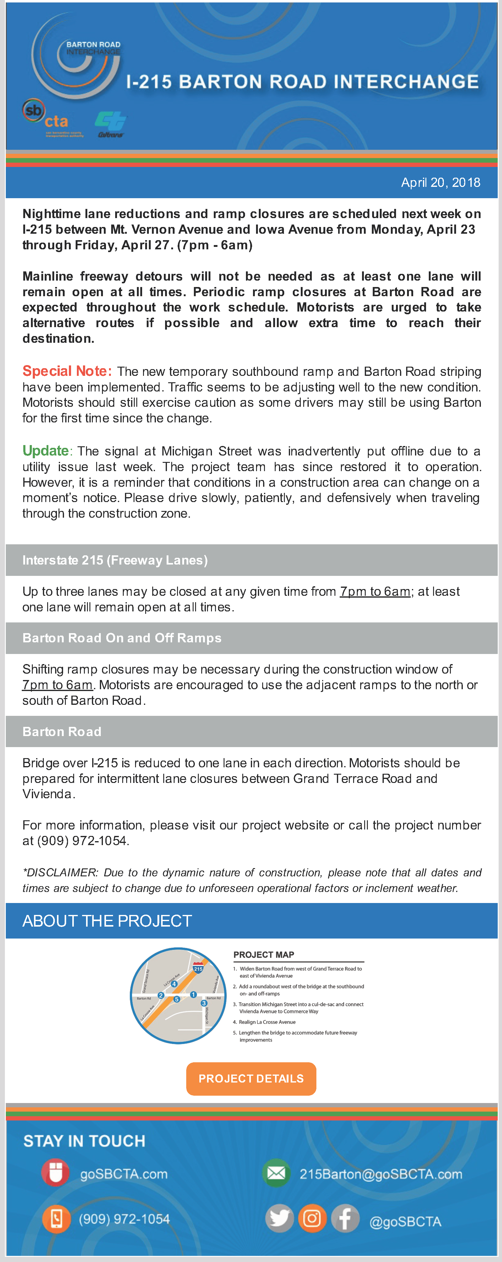 I-215 Barton Road Construction Notice - Week of April 20 2018