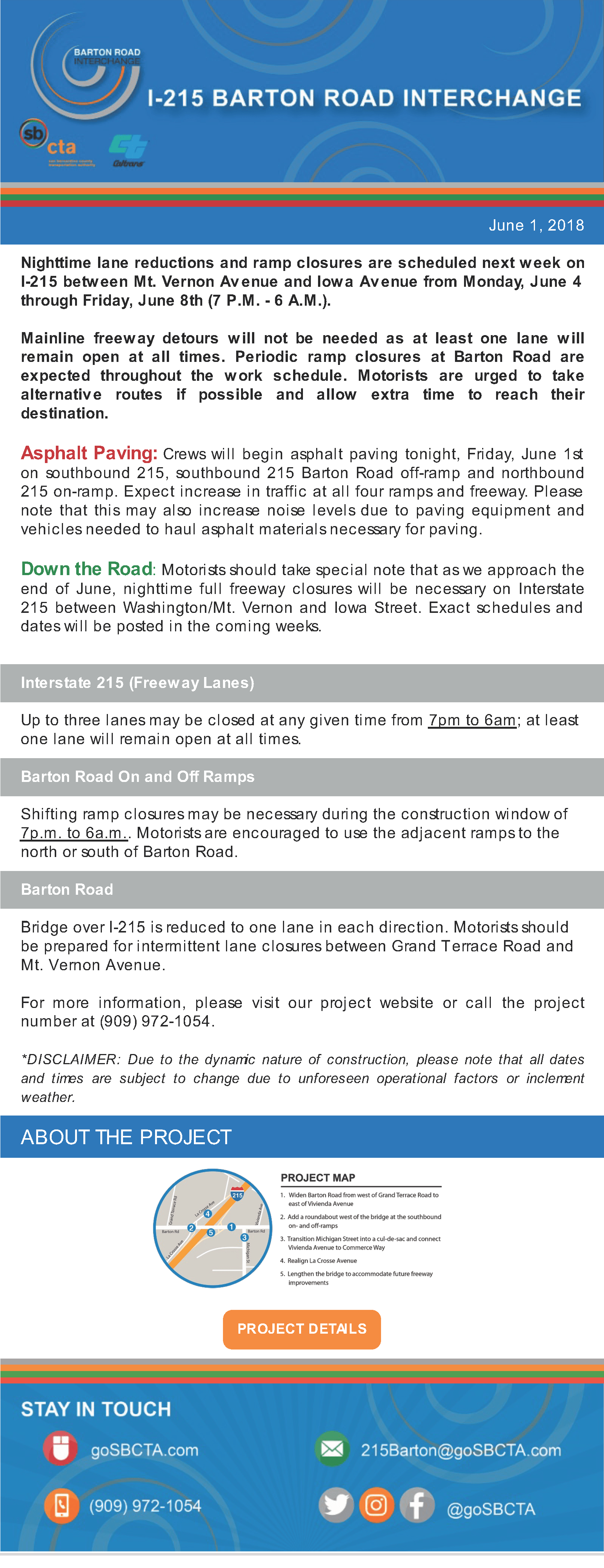 I-215 Barton Road Construction Notice - Week of June 4 2018