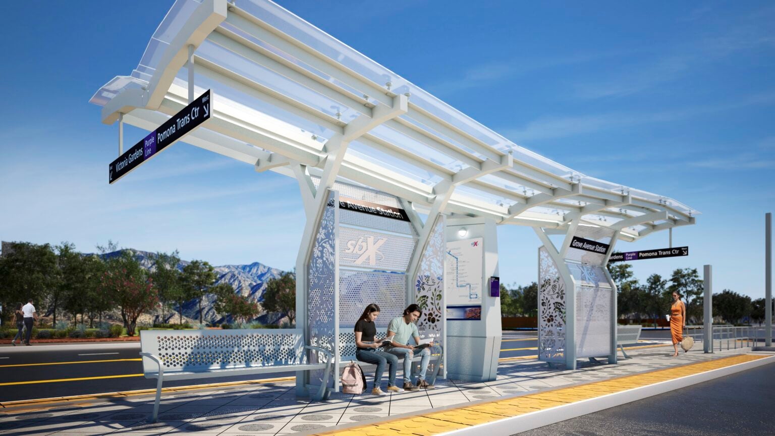 Modern outdoor bus stop with two people sitting on a bench under a white canopy, surrounded by signage, trees, and mountains in the background.