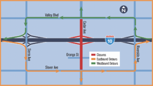 Traffic detour map for Interstate 10, showing road closures on Cedar Ave and designated bypass routes along Valley Blvd, Slover Ave, Sierra Ave, and Riverside Ave.