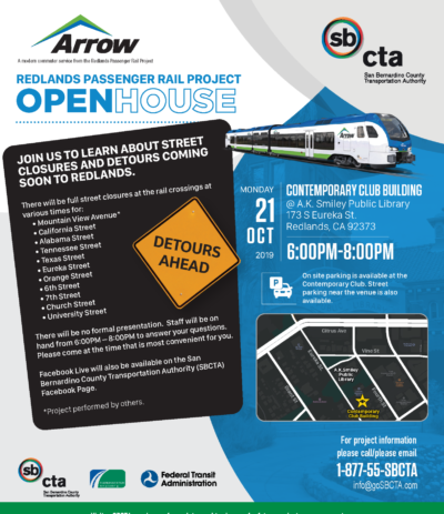 Join Us for the Redlands Passenger Rail Project Open House; see details alongside