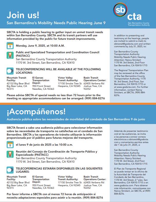 A flyer showing the details of a Transit Unmet Needs Hearing in June 2025 - English and Spanish
