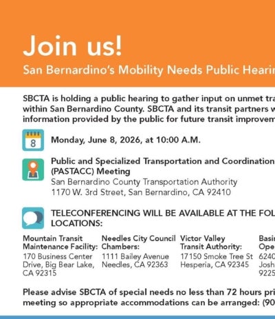 Flyer for San Bernardino County Mobility Needs Public Hearing on June 8, 2026, listing event details, locations, and contact information for transit services.