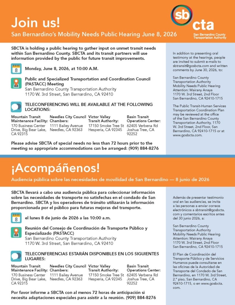A flyer showing the details of a Transit Unmet Needs Hearing in June 2026 - English and Spanish